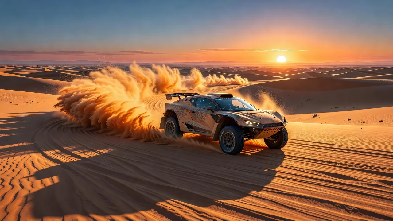 Çölde drift yapan yarış arabası, toz bulutu